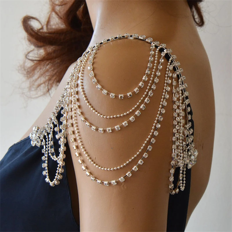 2022 New Luxury Full Rhinestone Tassel One Shoulder Chain Ladies Wedding Party Shiny Multilayer Crystal Shawl Chain Jewelry Gift