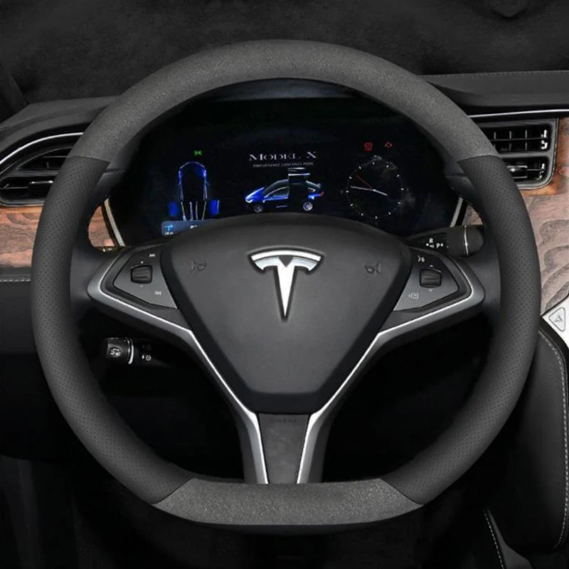 Car Suede Leather Steering Wheel Cover For Tesla Model 3 Y X S Breathable Comfort Round D Shape Seasons Covers Accessories