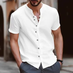 Novo estilo camisa masculina verão moda tendência gola alta algodão cânhamo botão casual fino manga curta topo