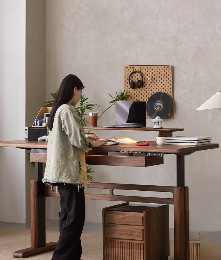 Solid wood electric computer table made of black walnut wood