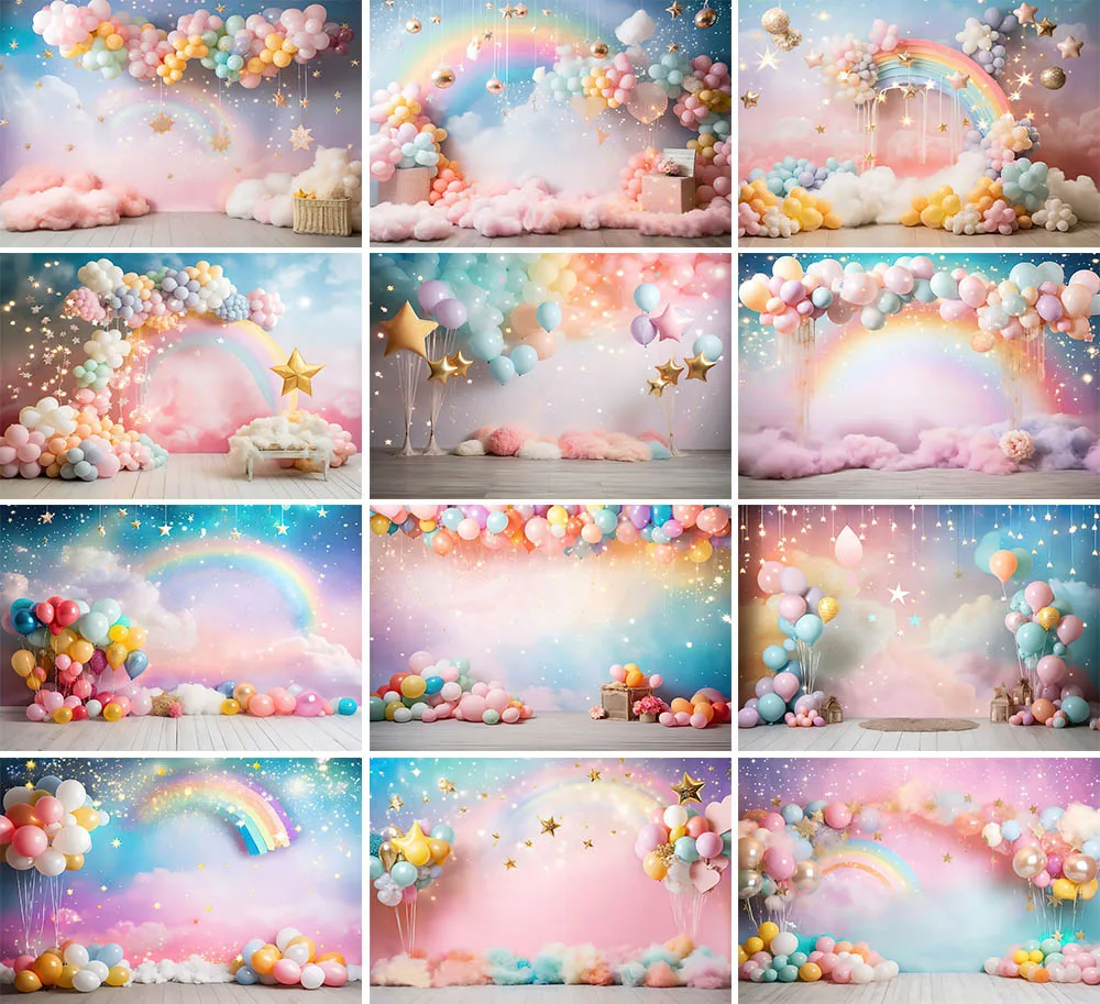 

Mehofond Photography Backdrop Rainbow Balloon Kids Birthday Party Gold Star Colorful Cloud Background Cake Smash Decor Photocall