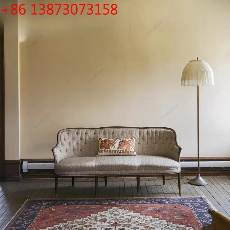 American Retro Solid Wood Sofa Three Person Fabric Soft Bag Buckle Living Room Furniture
