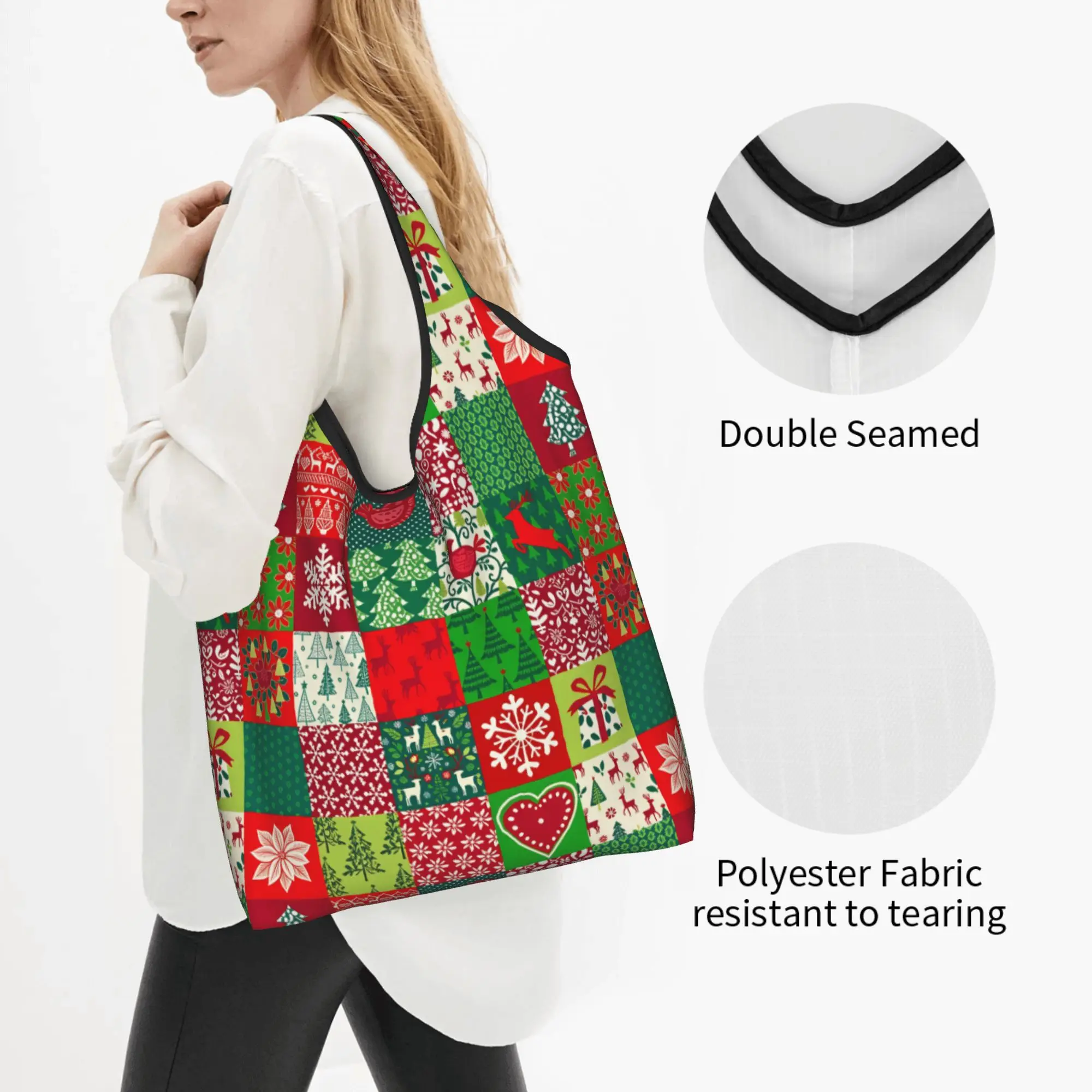 Reusable Patchwork Christmas  Shopping Bag Women Tote Bag Portable  Grocery Shopper Bags