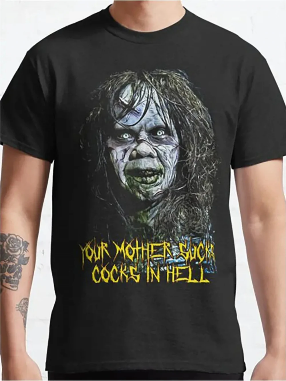 The Exorcist Inspired Grafik-T-Shirt, Unisex-Mischung, Rundhalsausschnitt, kurze Ärmel, leicht dehnbar, normale Passform, Ganzjahres-Strickstoff