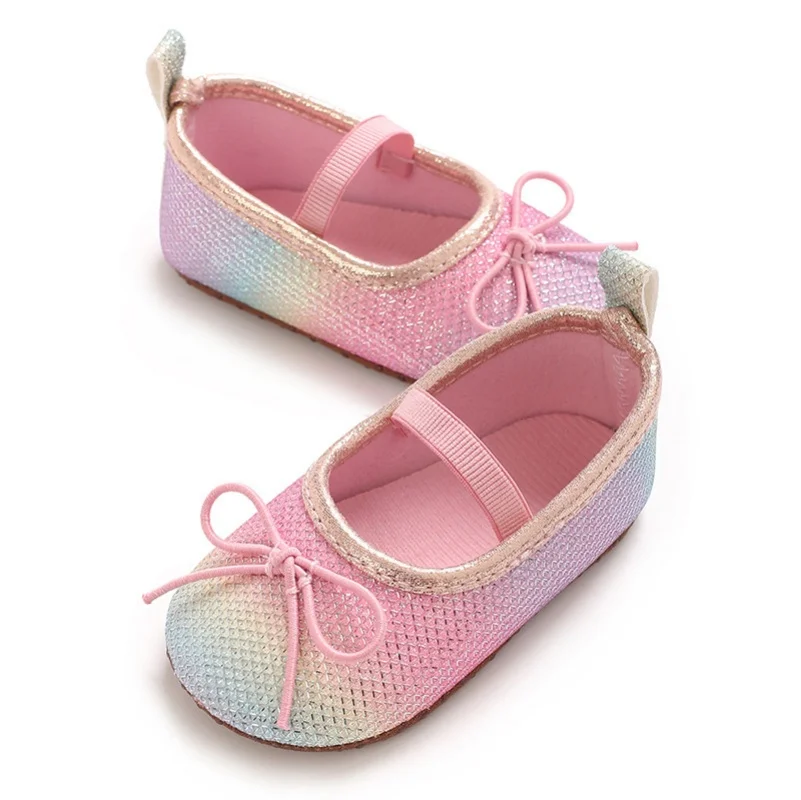 Bild 6: 2026 0-1J Baby-Schuhe mit Farbverlauf und Glitzer-Obermaterial, 3D-Schleife, für Mädchen, mit Klettverschluss/Elastikbändern, Freizeitschuhe