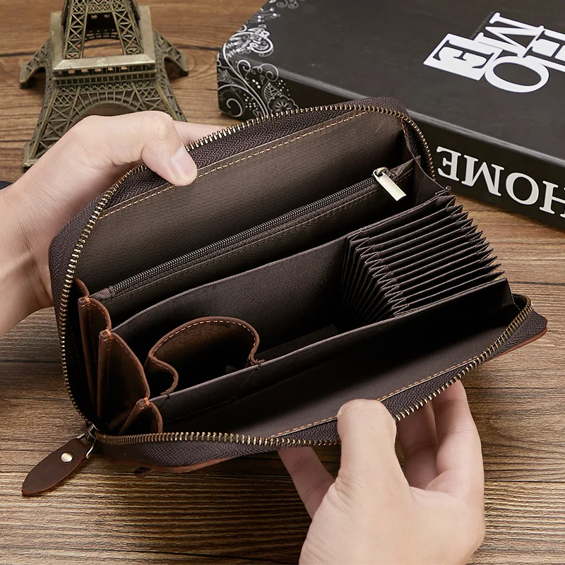 Men's genuine leather long wallet, retro clutch, multi-functional zipper, mobile phone storage, business bag