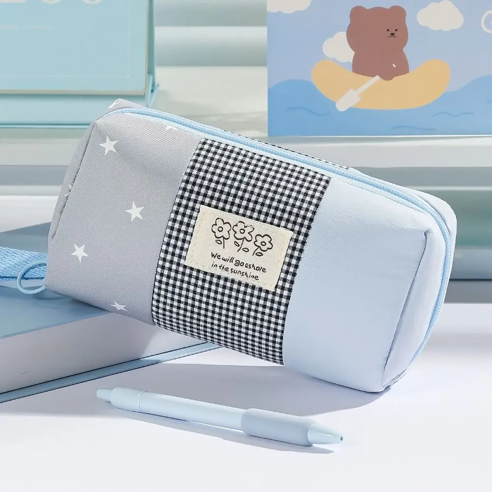 Korean Plaid Color-Blocking Pencil Case Large Capacity 4-Layer Classification Pen Bag Portable Pencil Pouch Back To School