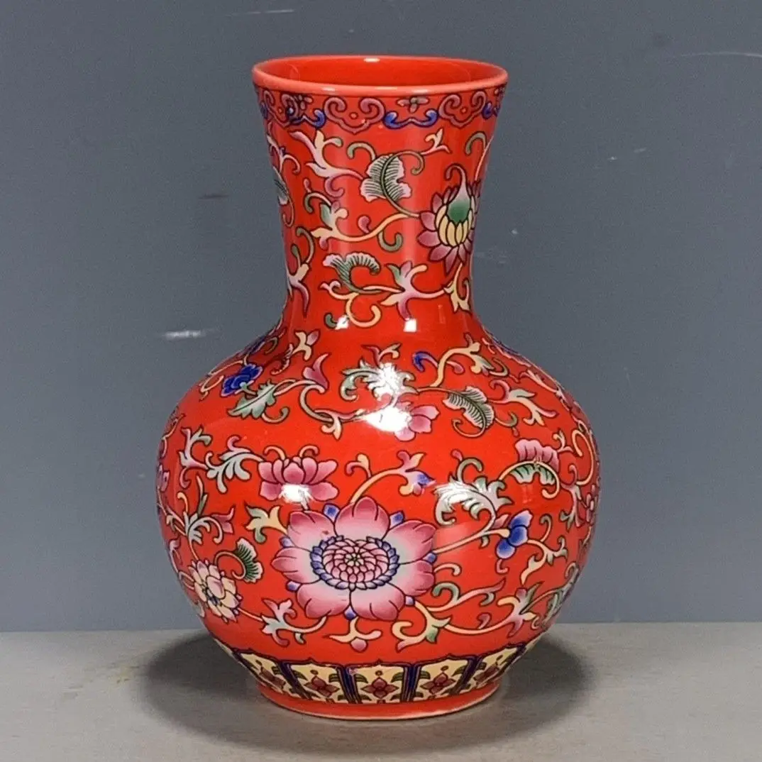 Antique porcelain vintage Qing Dynasty Qianlong year single color glazed red glazed entwined flower sky ball vase