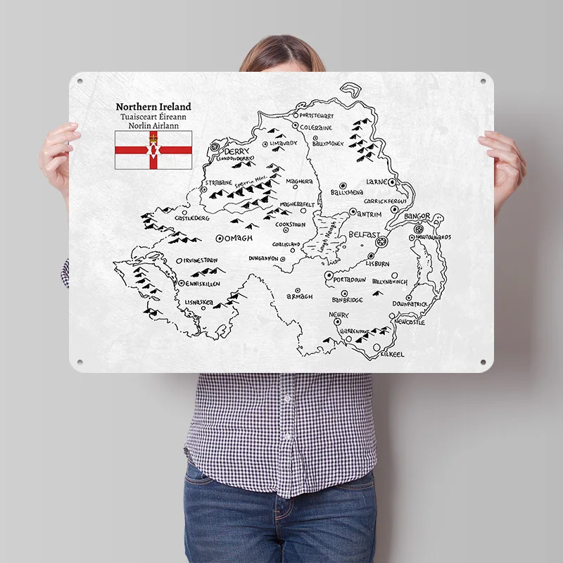 Handdrawn Map of Northern Ireland Personalized 3D Textured Metal Poster Wall Art Vintage Tin Signs for Room Decorations Man Home