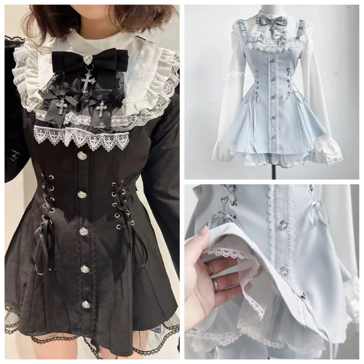 

Темное романтическое модное мини-платье в стиле Лолиты с бюстье и бантом с длинными рукавами, высококачественное кружевное облегающее платье со съемным бантом