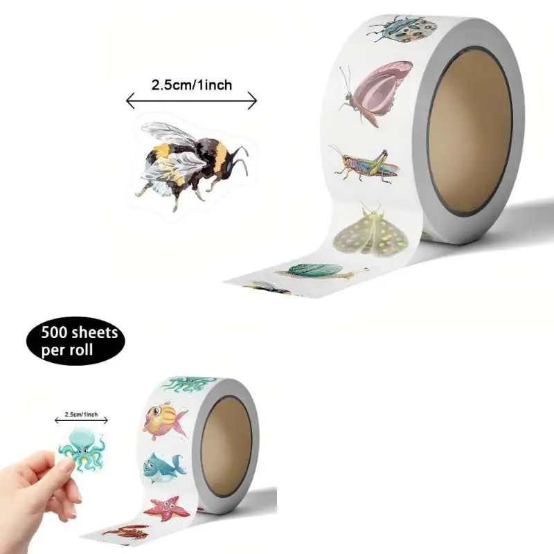 500Pcs/Roll Waterproof Cartoon Bug Stickers Self Adhesive Ocean Marine Animal Decals for Luggage Laptop Decoration