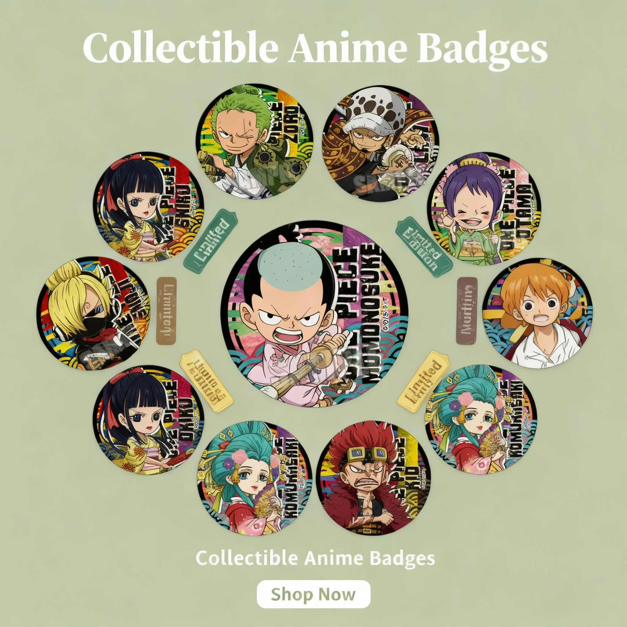 

One Piece Anime Badges Q Version Luffy Law Kidd Pin Set 10 Types Collection