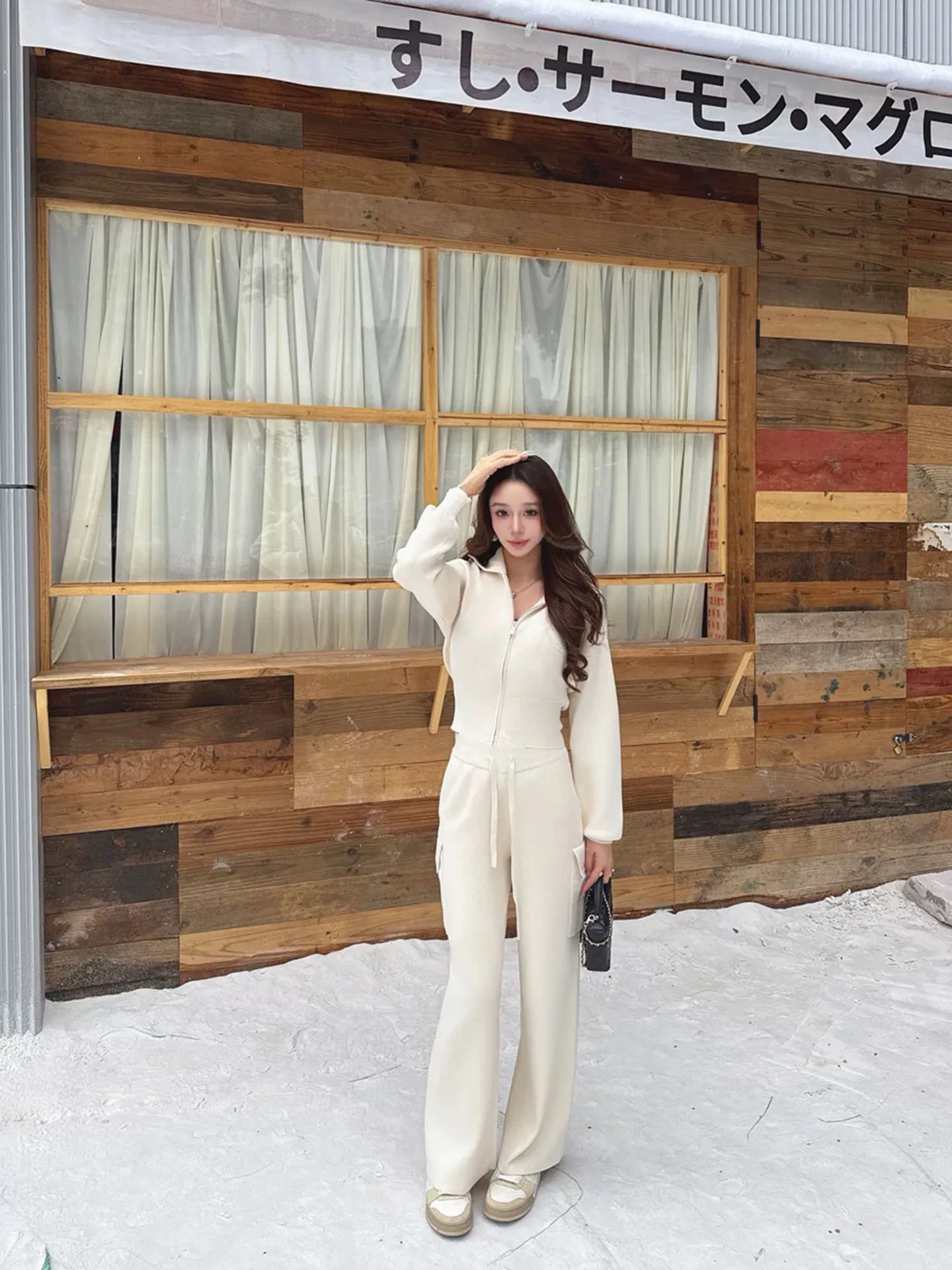 

Warm Knitted Two-Piece Set with Stand Collar Waist-Cinching Cardigan And Straight Leg Pants High Waist Long Pants for Women