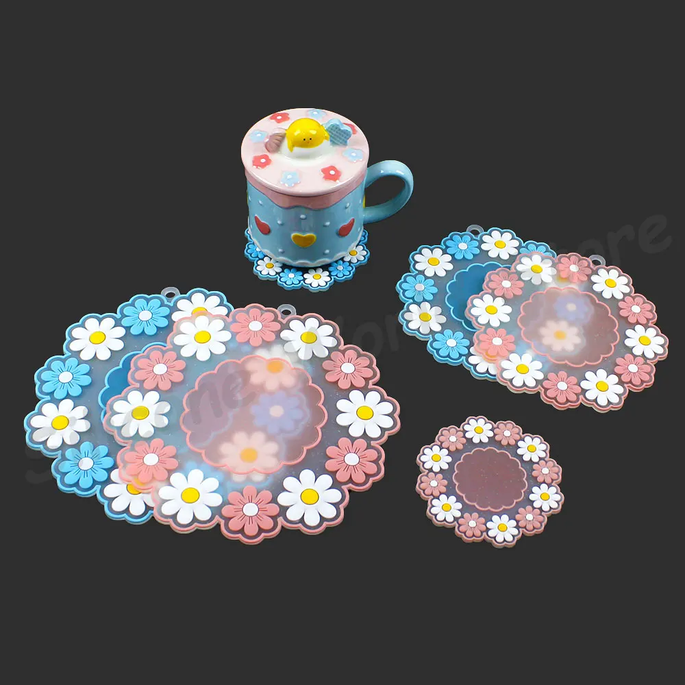 Silicone World 1PC Sakura Daisy Coaster Pads PVC Soft Mats Bowl Mat Pot Mat Plate Mat Heat Insulation Placemat for Dining Table