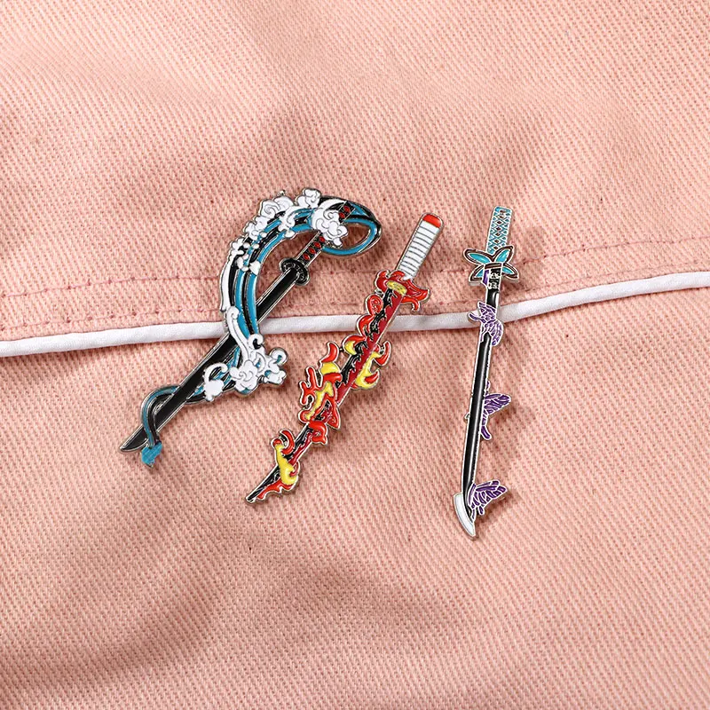Anime Nichirin Sword Enamel Pins Seawave Fire Butterfly Snake Around Katana Brooches Demon Slayer Badge