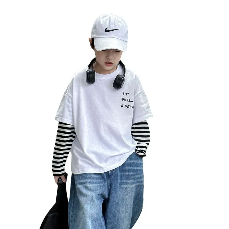 Zhili Clothing Boys' Fake Two Piece T-Shirt 2024 New Children's Stripe Long Sleeved Bottom Shirt, Big Boy Spring Top