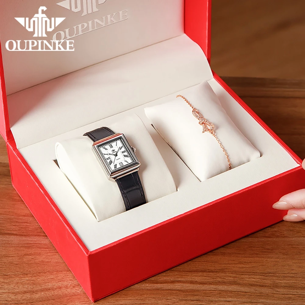 OUPINKE 3182 Reloj para mujer Reloj mecánico automático elegante de lujo ﻿   Relojes cuadrados con fecha y correa de cuero resistente al agua hasta 50M para mujer