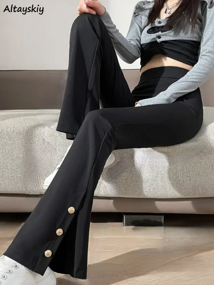 

Pants Women Summer Boot Cut Elegant Simple Solid Design High Waist Leisure Slit Daily Tender Temperament Ladies Korean Style New