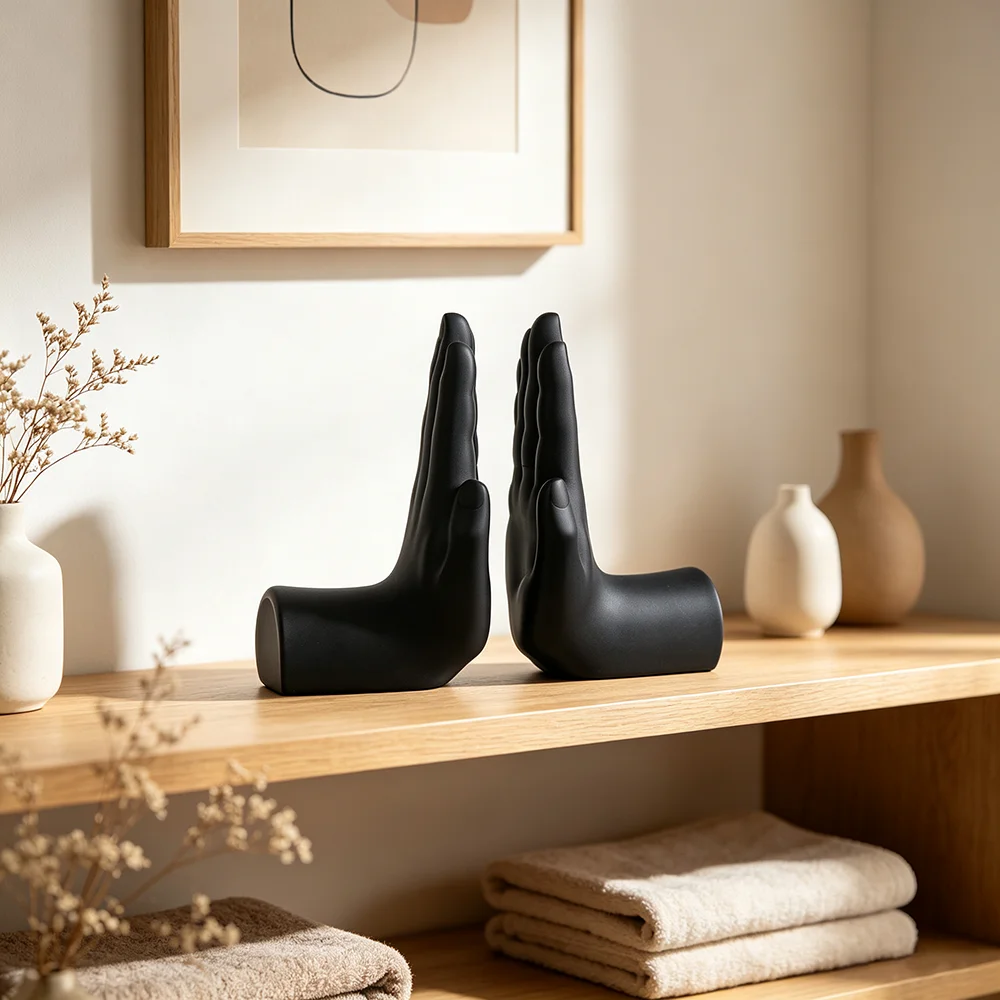 Decorative Hand-shaped Resin Bookends Hand-painted Model Pair Modern Black Stoppers for Home Office Desktop Shelf Decor