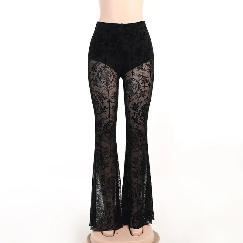 Goth Dark Vintage Massaal Mall Gothic Sexy Flare Broek Grunge See Through Mesh Hoge Taille Vrouwen Broek Punk Slim Alt Kleding