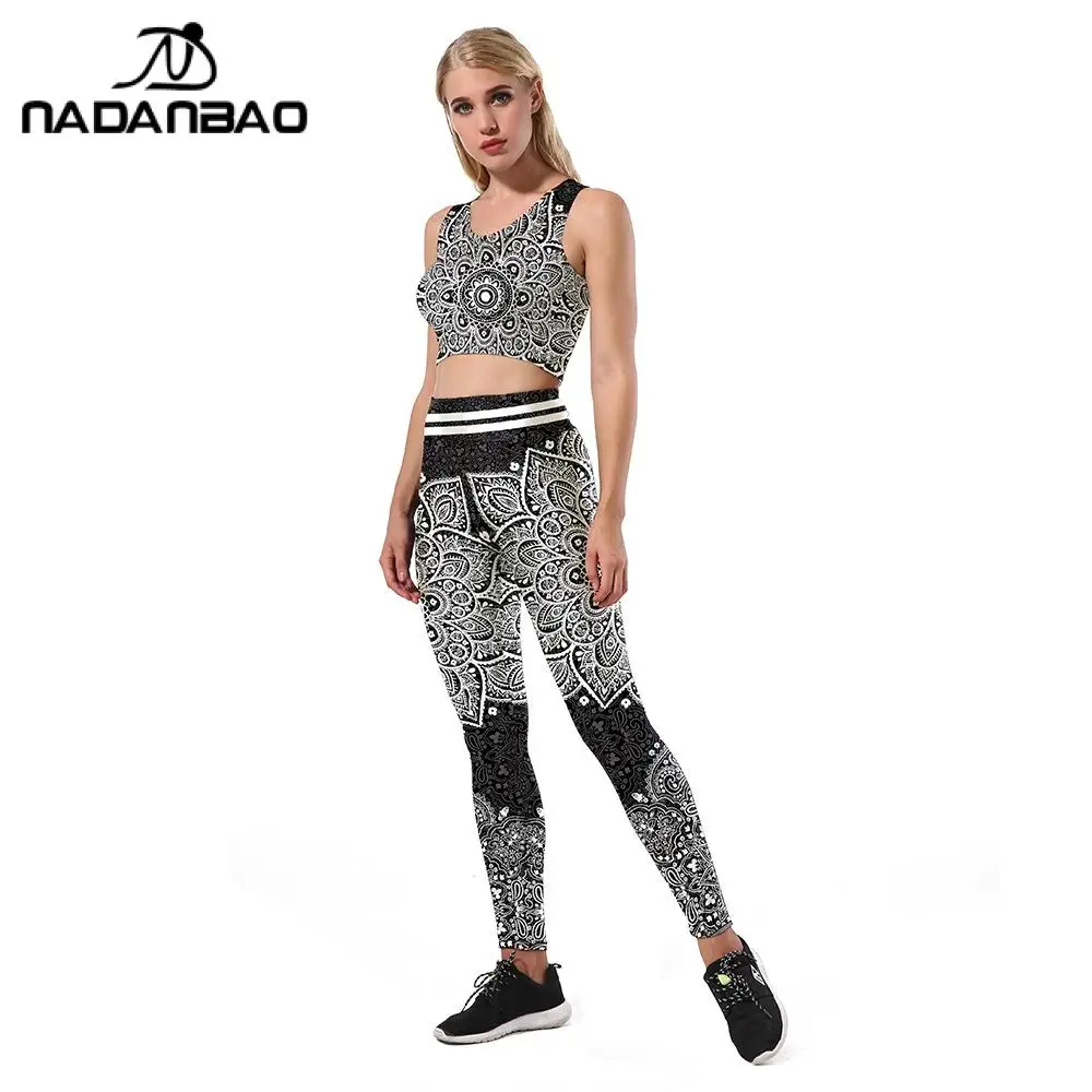 NADANBAO Mandala Legging Sets High Waist Fitness Leggins Trouser Sleeveless Crop Tops