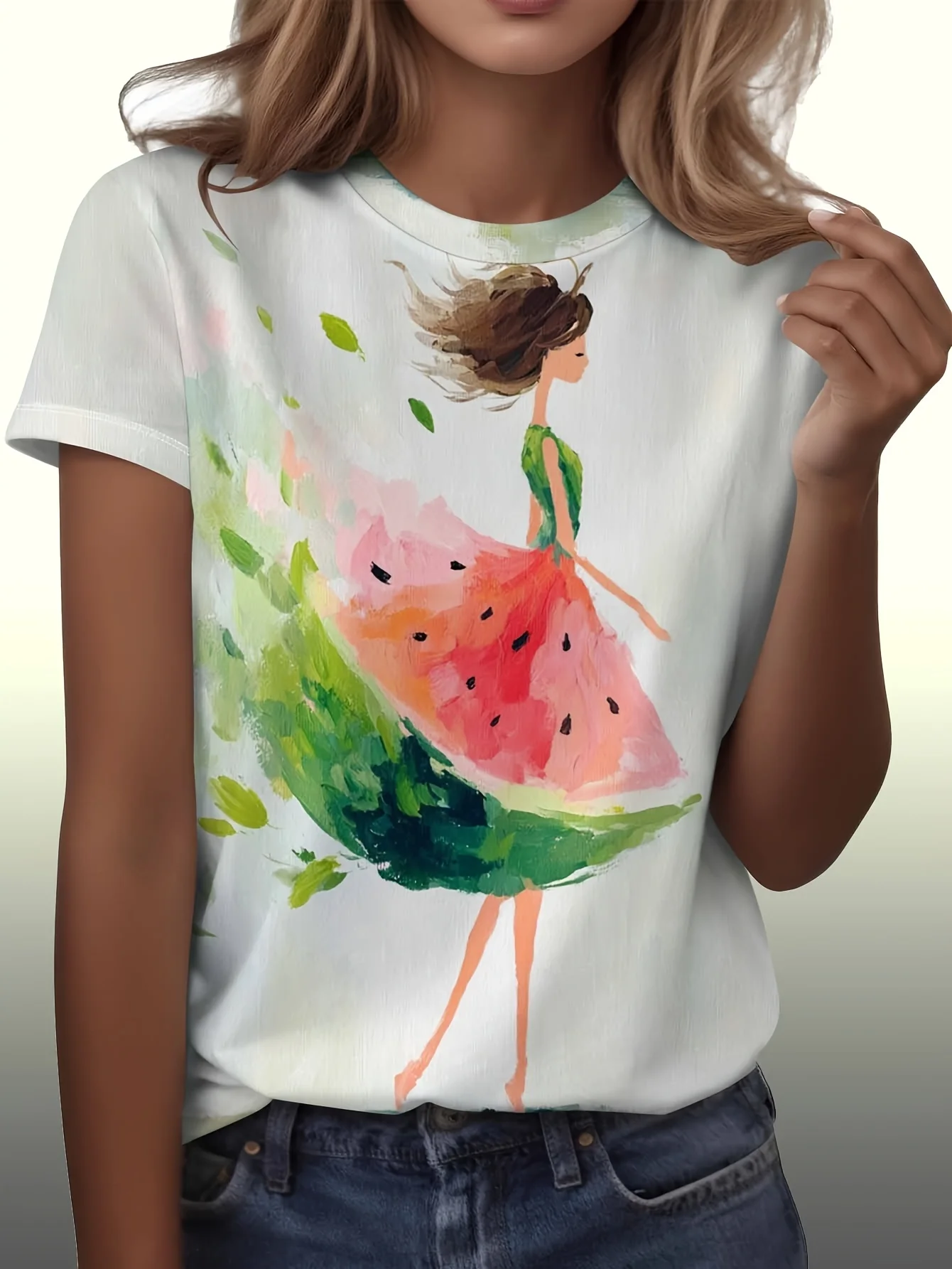Women T‑Shirt Watercolor Girl Watermelon Skirt Art Print Fashionable Crew Neck Short Sleeve Daily Casual Tee Top Women's Clothes