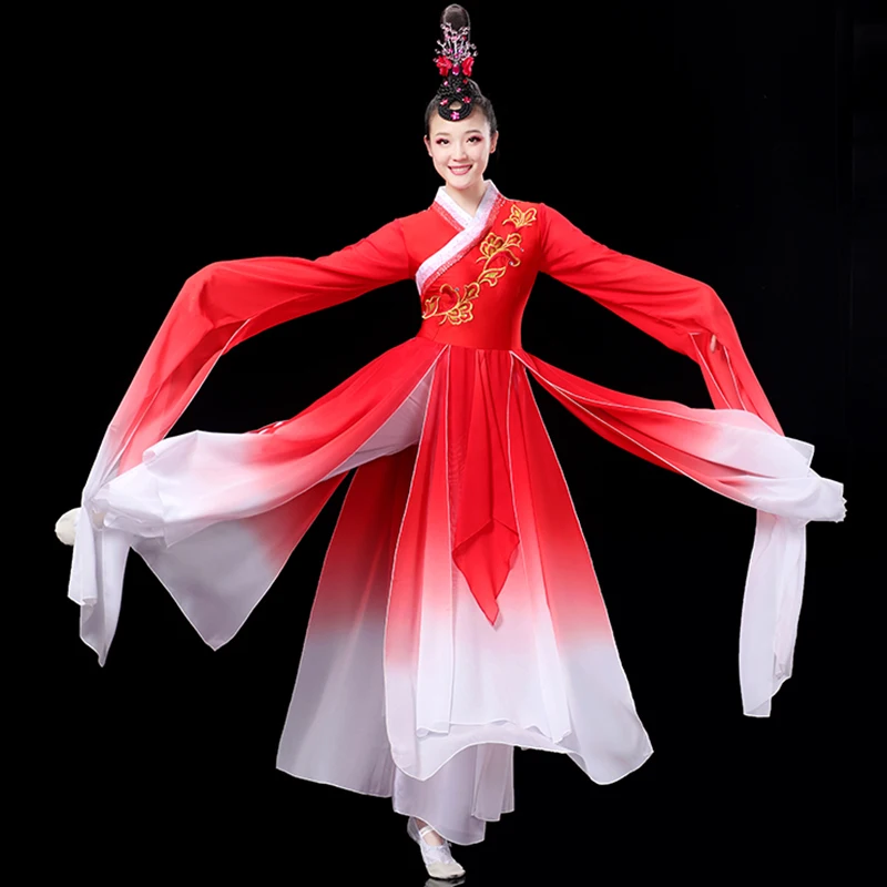 Classical dance performance attire for women, elegant, red, and fragrant, original water sleeved dance attire