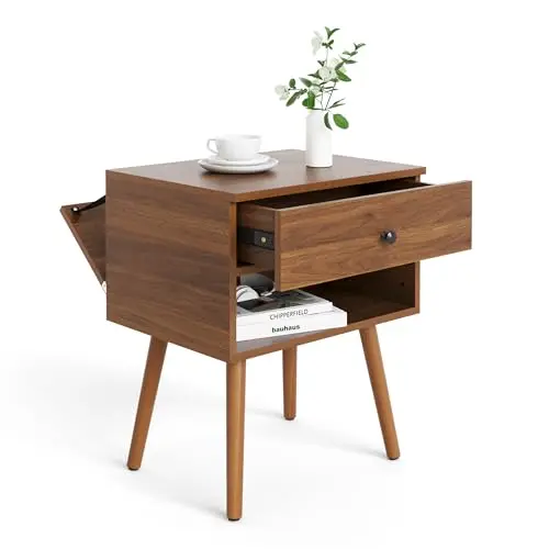 Hidden Compartment Nightstands, Mid Century Modern Concealment Furniture, Bedside Table with Wood Legs, End Table with