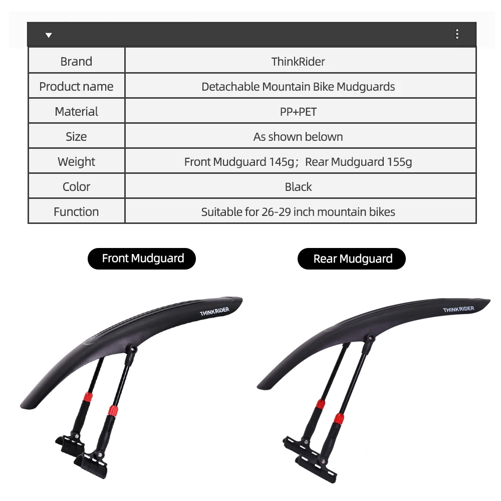 ThinkRider Mountain Bike Mudguard Widen Quick Release 26-29 Inch Durable Lnnovative Installation Fender Bicycle Accessaries