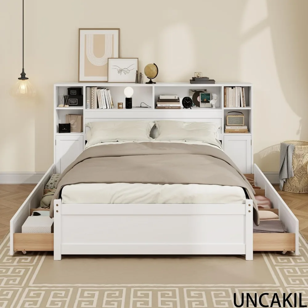 Cama alta de armazenamento de madeira com 6 gavetas, estação de carregamento para adolescentes e adultos, sem necessidade de molas