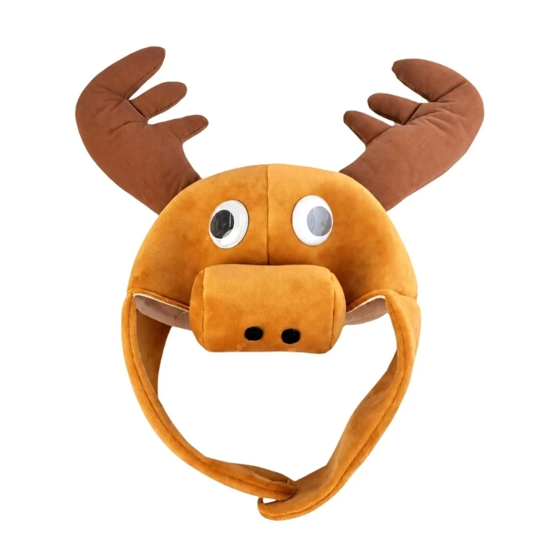 Q39C Christmas Party Elk Hat for Adult and Children, Plush Reindeer Cap with 3D Antlers, Warm Ear Flaps, Festival Group