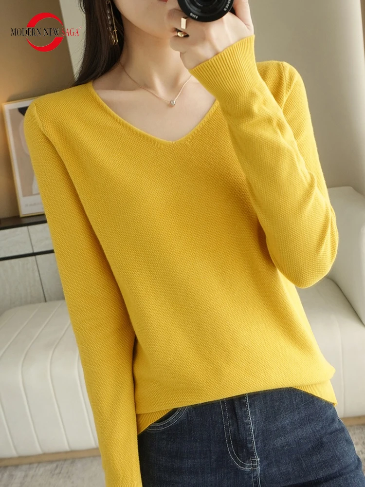 

MODERN NEW SAGA Women Sweater Pullover V-neck Wool Knit Jumper Long Sleeve Autumn Winter Soft Warm Sweaters Cashmere Tops Korean