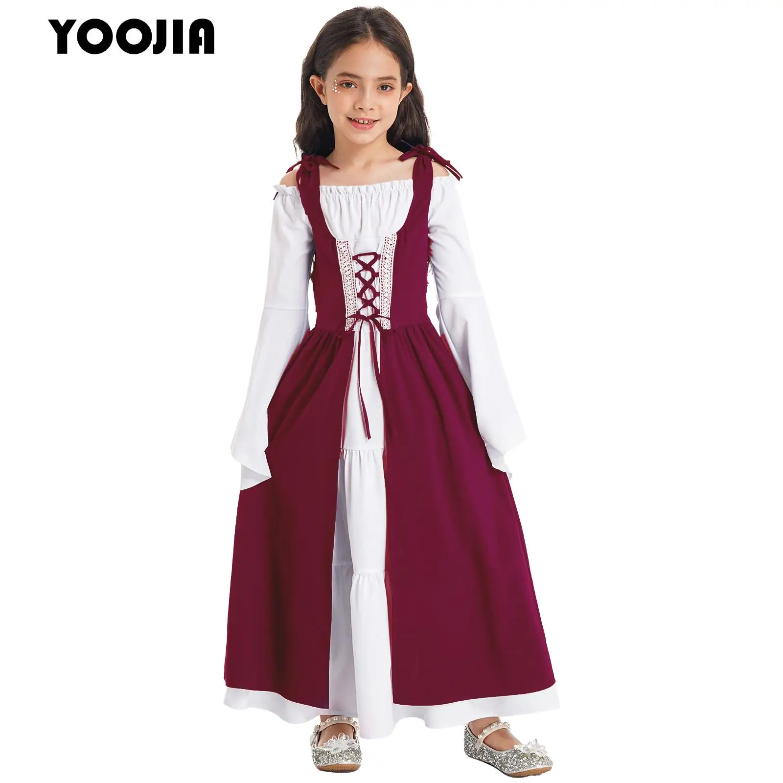 

Kids Girl Renaissance Medieval Princess Costume Flare Sleeve Lace-up Gown Dress for Halloween Cosplay Victorian Historical Girls