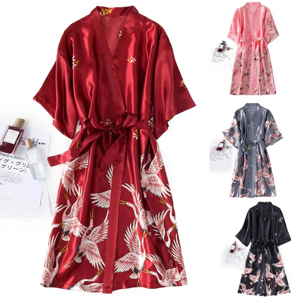 Women Bathrobe Ice Silk Bird Print Satin Lace-up V Neck Pajamas Loose Cardigan Nightgown Bride Morning Dressing Gown Sleepwear