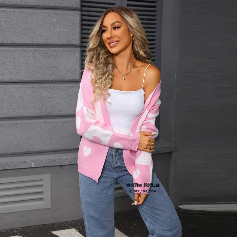 新しい女性のバレンタインデーの愛の桃ニットカーディガン愛のVネック多用途ジャケット女性用