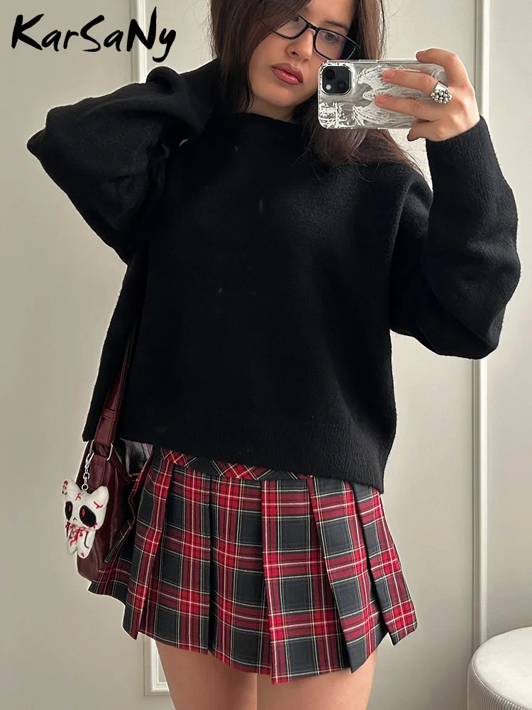 Women's Oversized Black Cropped Knit Sweater for Fall