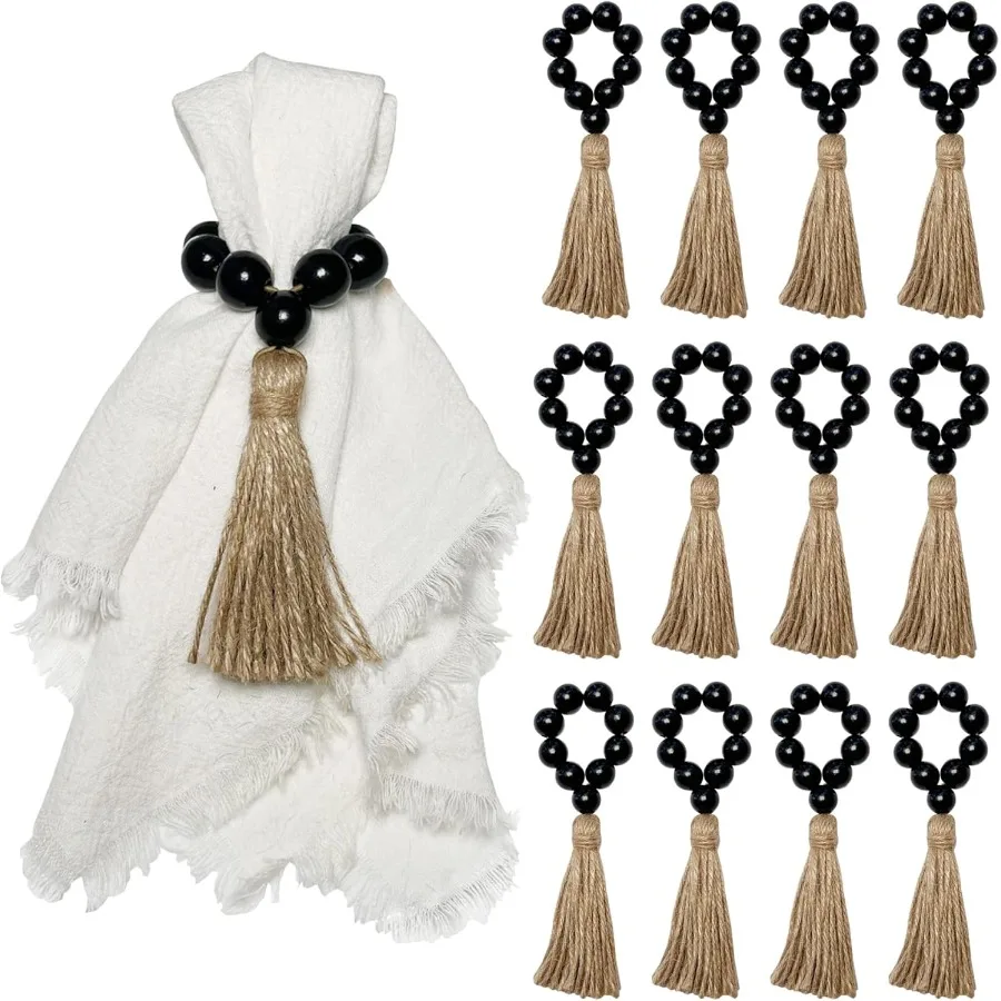 

Napkin Rings Set of 12Wooden Napkin Ring Wood Bead Elastic Farmhouse Napkin Holder with Tassel Boho Napkin Rings for Table Deco