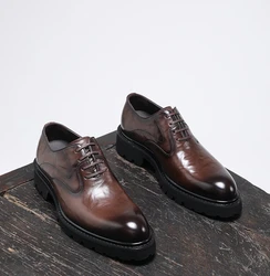 Spring and Autumn New Men's Formal Shoes Genuine Leather Thick Sole Lace Up Business Casual Shoes