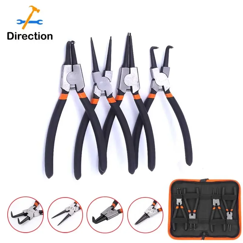 4Pcs Circlip Plier Set 7'' Long Nose Plier Staight Bent Plier Inner Outer   Staight Bent Plier Retaining Snap Ring Remover Tool