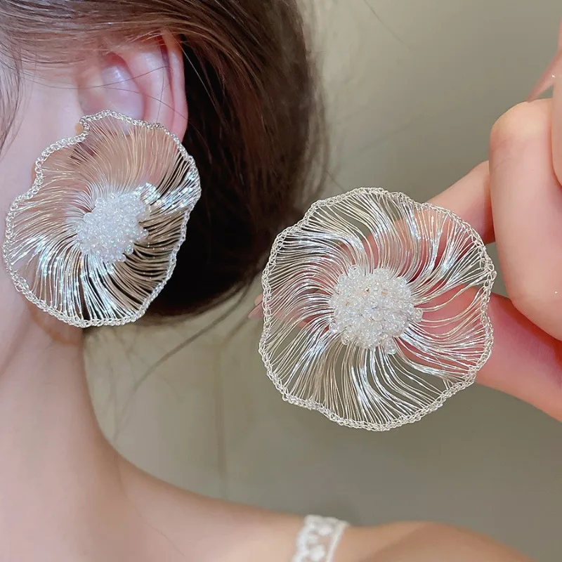 Minar Unique Design Hollow Out Twisted Round Flower Glass Beads Dangle Earrings for Women Silver Plated Copper Party Jewelry