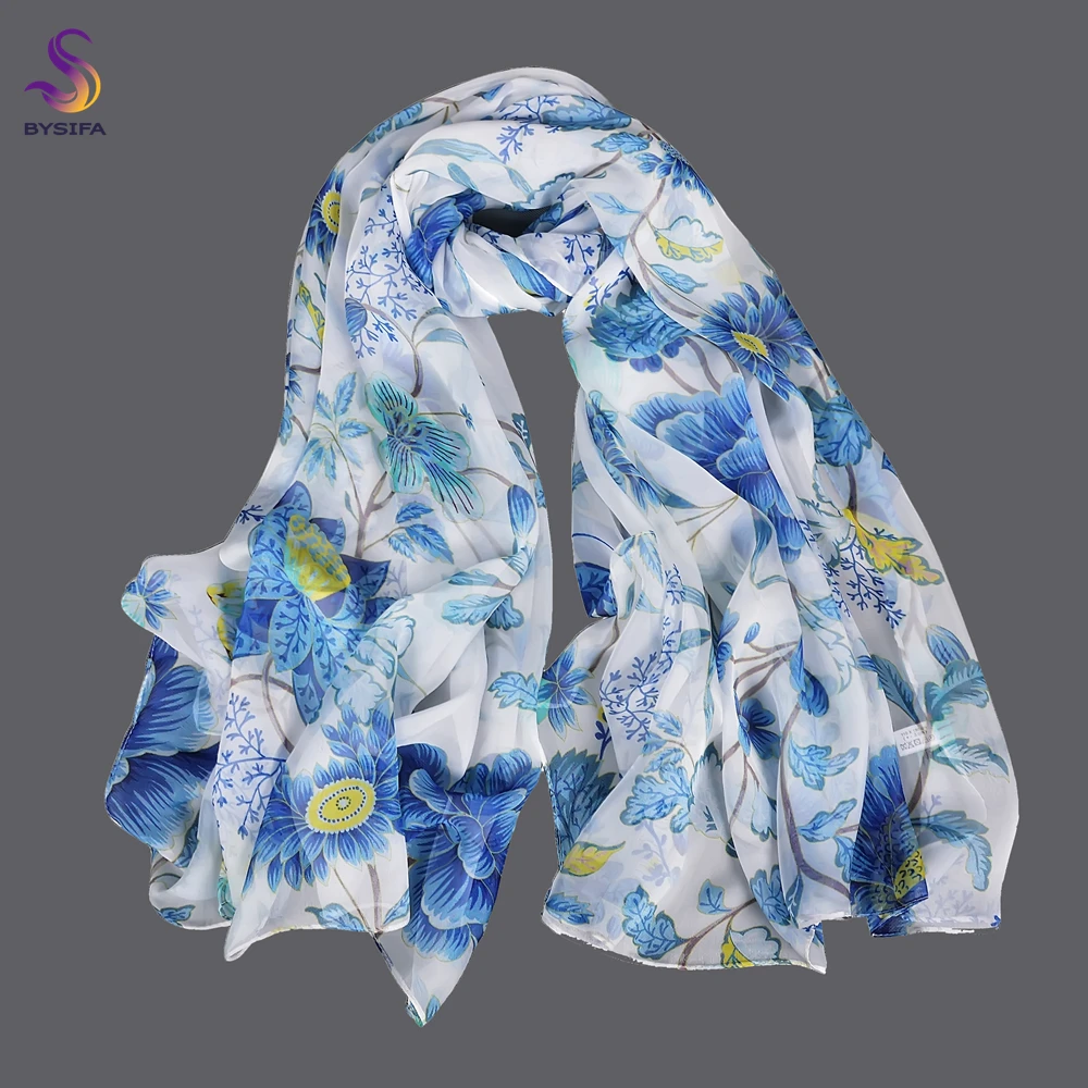 BYSIFA|New Ink Blue 100% Silk Shawl Scarf Fashion Floral Design Chiffon Long Silk Scarves Summer Beach Shawl Winter Brand Scarf