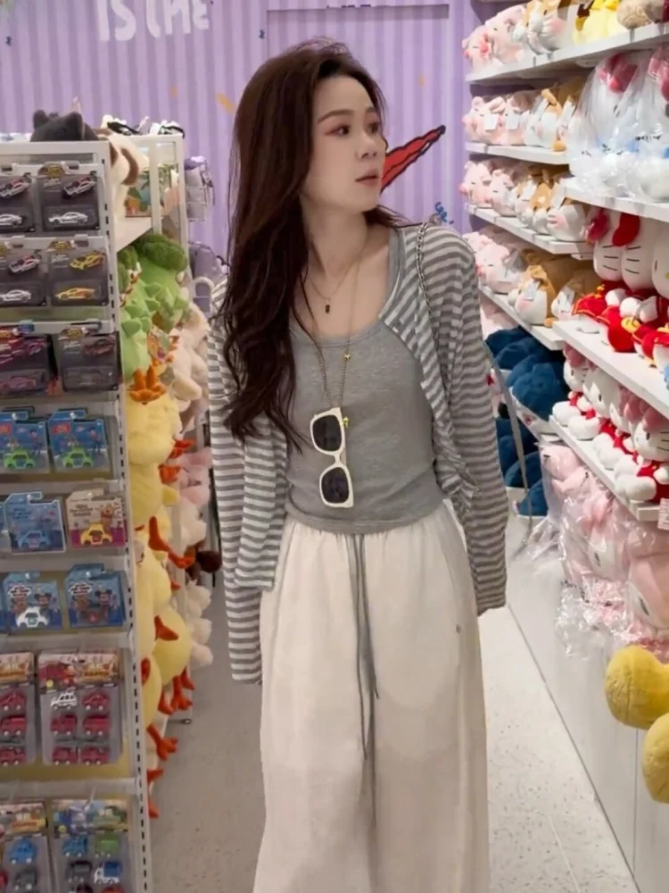 

Women's Summer Knitted Open Cardigan Loose Long Sleeve Short Top Cool Feeling Commute Style Striped Outerwear Gray Color