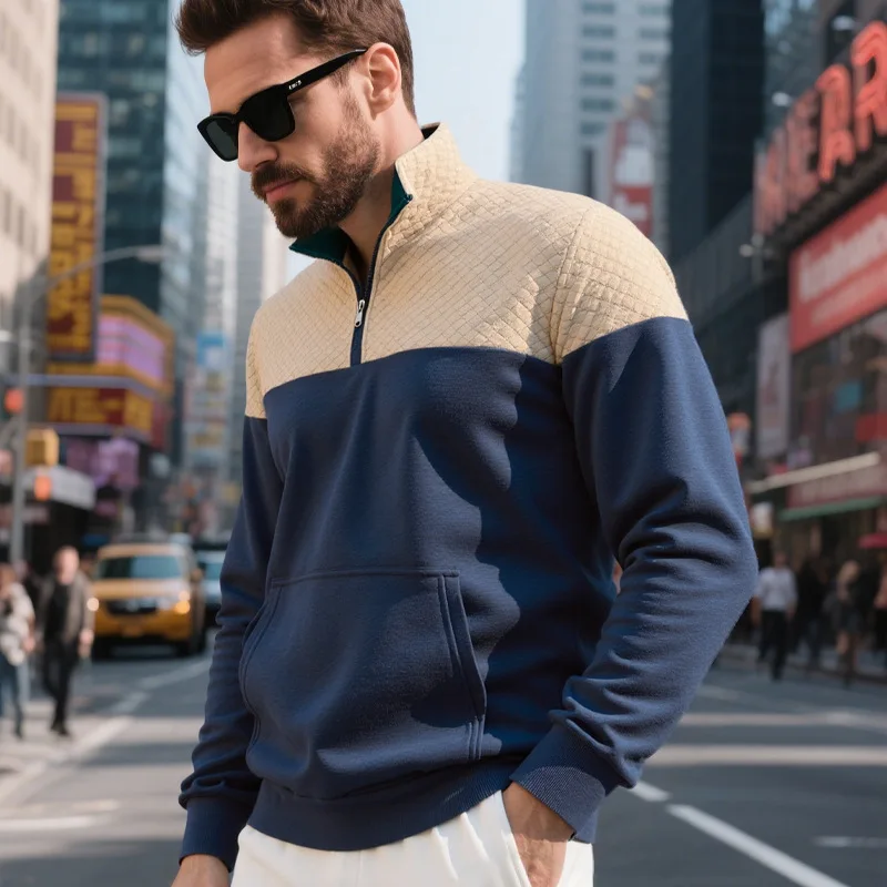 American Heavyweight Plush Winter Casual Color-blocking Loose Men Stand Collar Zipper Sweatshirt Men