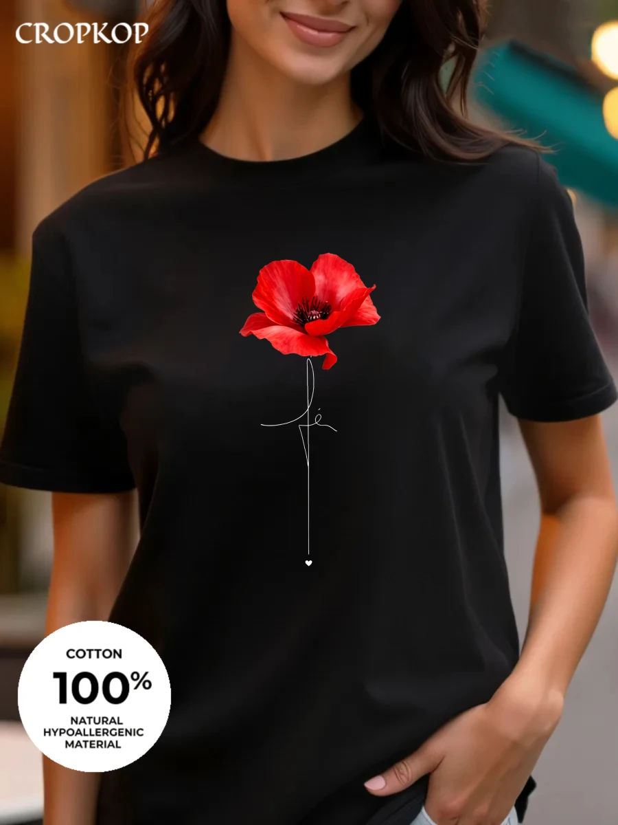 Design-Sense Line Floral Print, Three Colors To Choose From, 100% Pure Cotton Material, Round-Neck Short-Sleeved Women'S T-Shirt