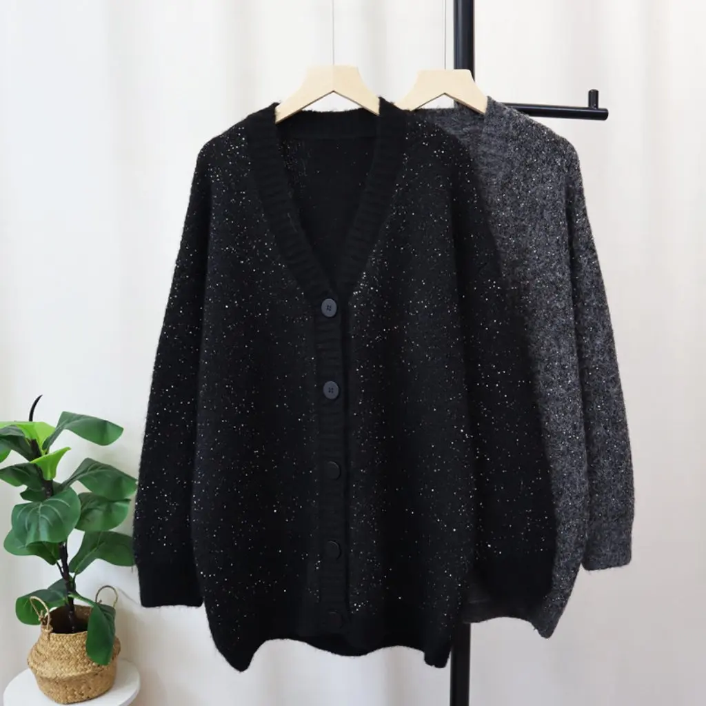 

Women's Korean Style Loose Sequin Knit Cardigan Autumn Winter Mid-Length Casual Sweater Coat Versatile Lazy Style