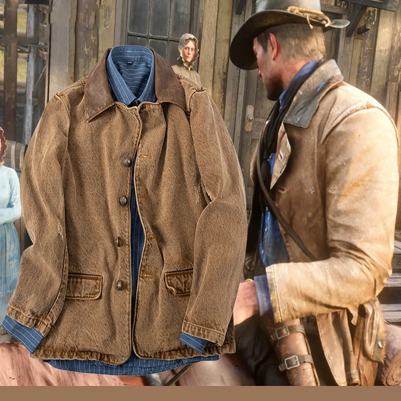 Trajes de cosplay jeans marrons para homem, camisa azul e chapéu suspensórios, trajes cosplay ocidentais, jogo RDR2 Arthur Morgan mesmo estilo