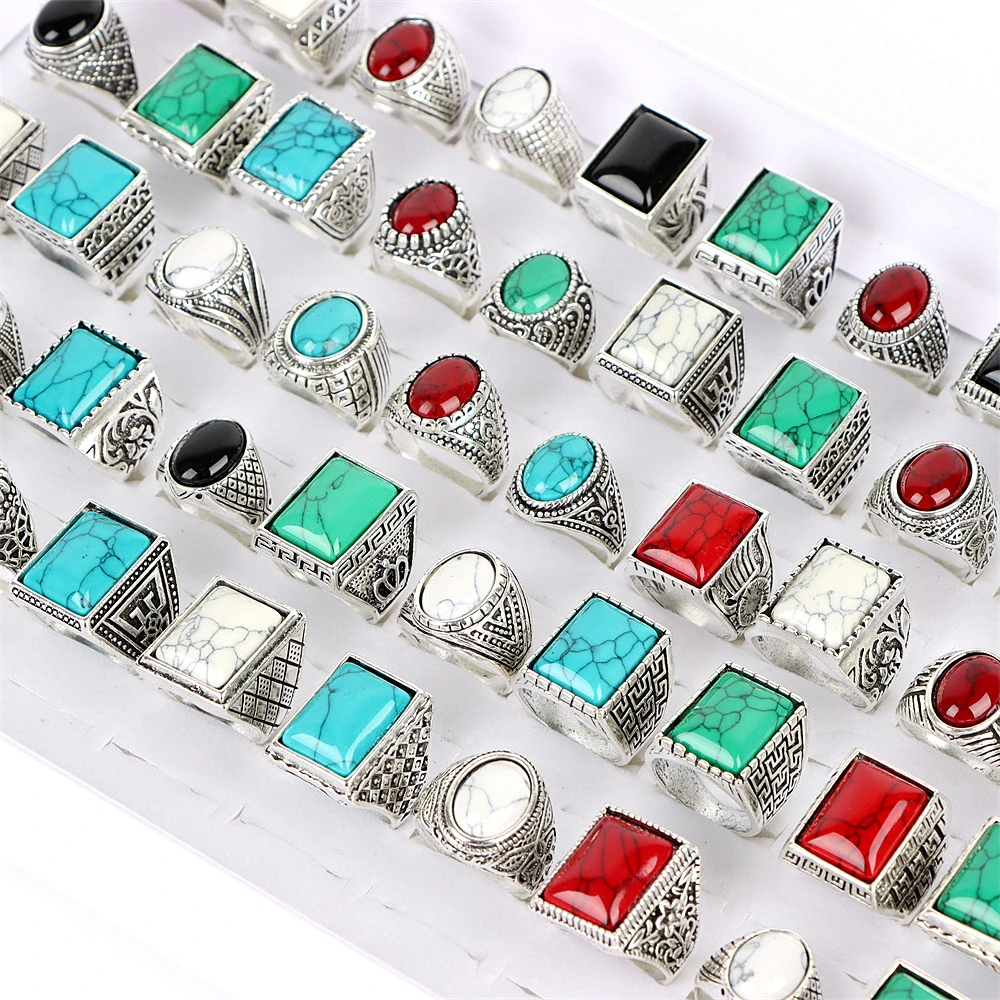 Wholesale 20Pcs/Lot Vintage Glass Turquoise Carved Flowers Rings Mix Style Antique Silver Color Jewelry For Men Women Party