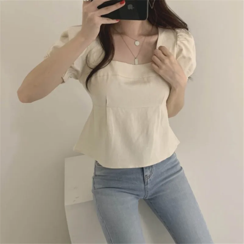 Back Lace Up Crop Top Blusas Mujer Summer Square Collar Blouse Roupas Femininas 2024 Shirts for Women Slim