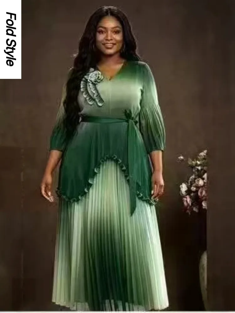 Miyake Africa New Loose Women's Petal Sleeves Gradual Change Printing Color Dress Women's Two-piece Long Dress