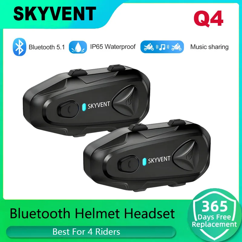 1/2Pcs Skyvent Q4 Motorcycle Helmet Bluetooth Headset Intercom 1500M IP65 Waterproof 750mAh Long Battery Life Music Sharing FM